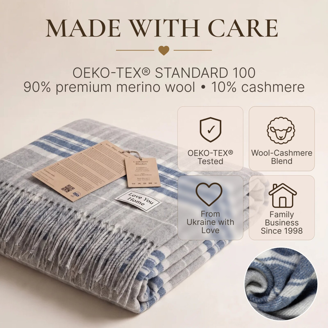 Koc z kaszmirem i merino (10% kaszmiru) w kratę szkocką · 10