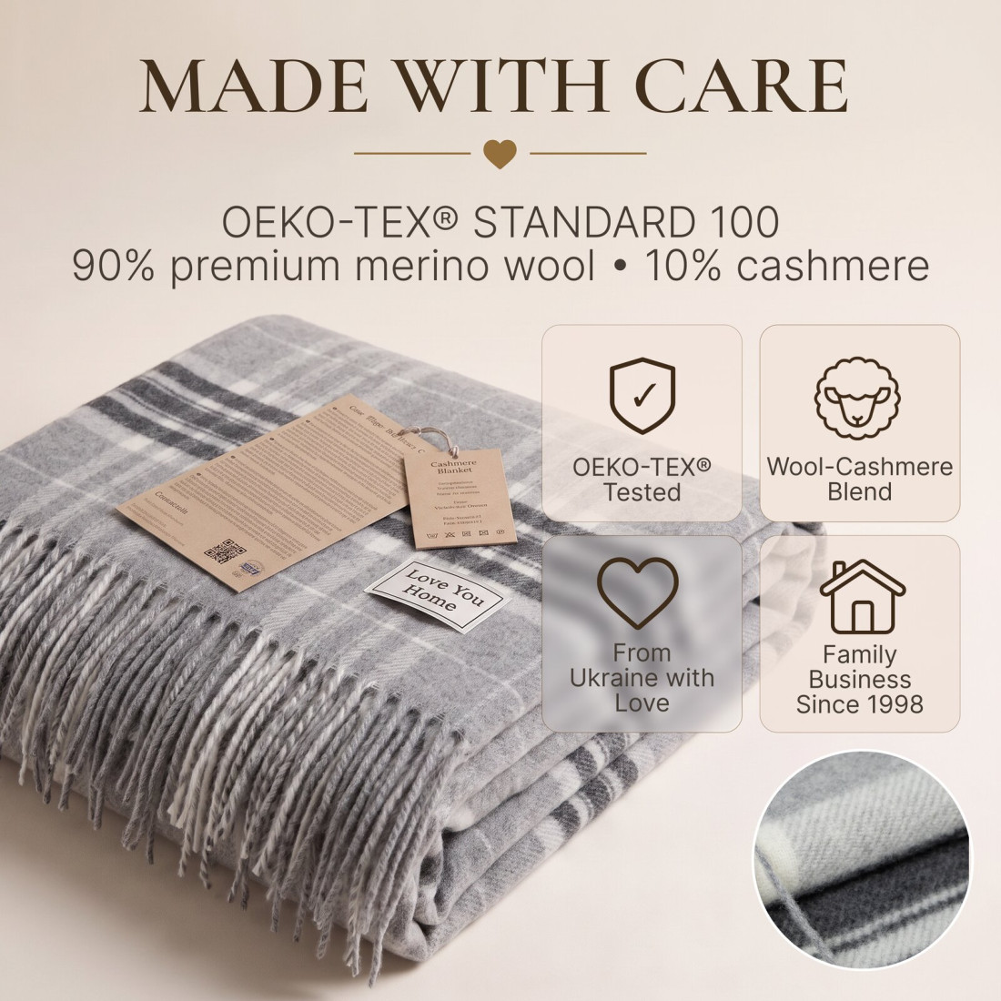 Koc z kaszmirem i merino (10% kaszmiru) w kratę szkocką · 10
