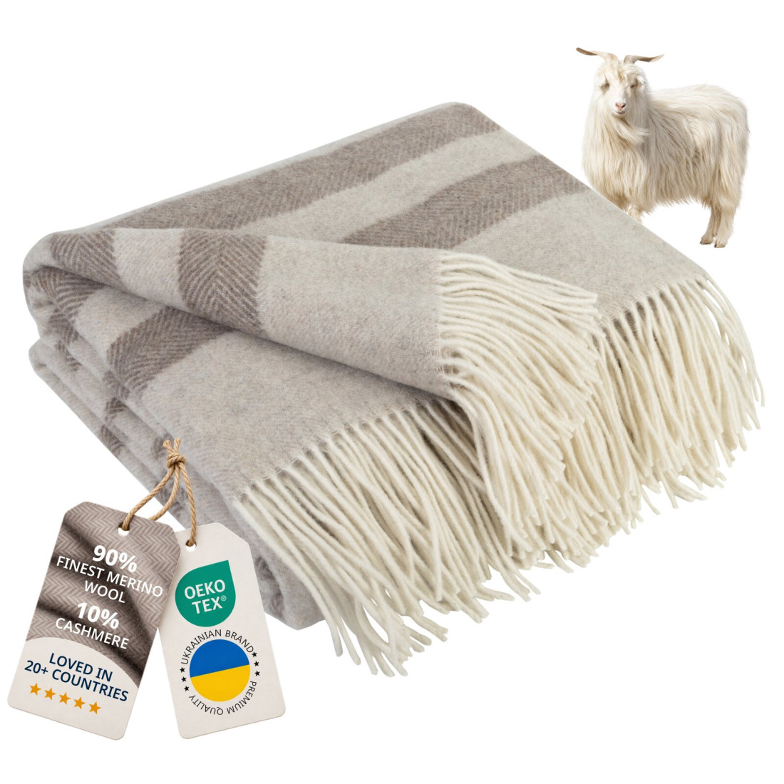 Koc z kaszmirem i merino (10% kaszmiru) w paski