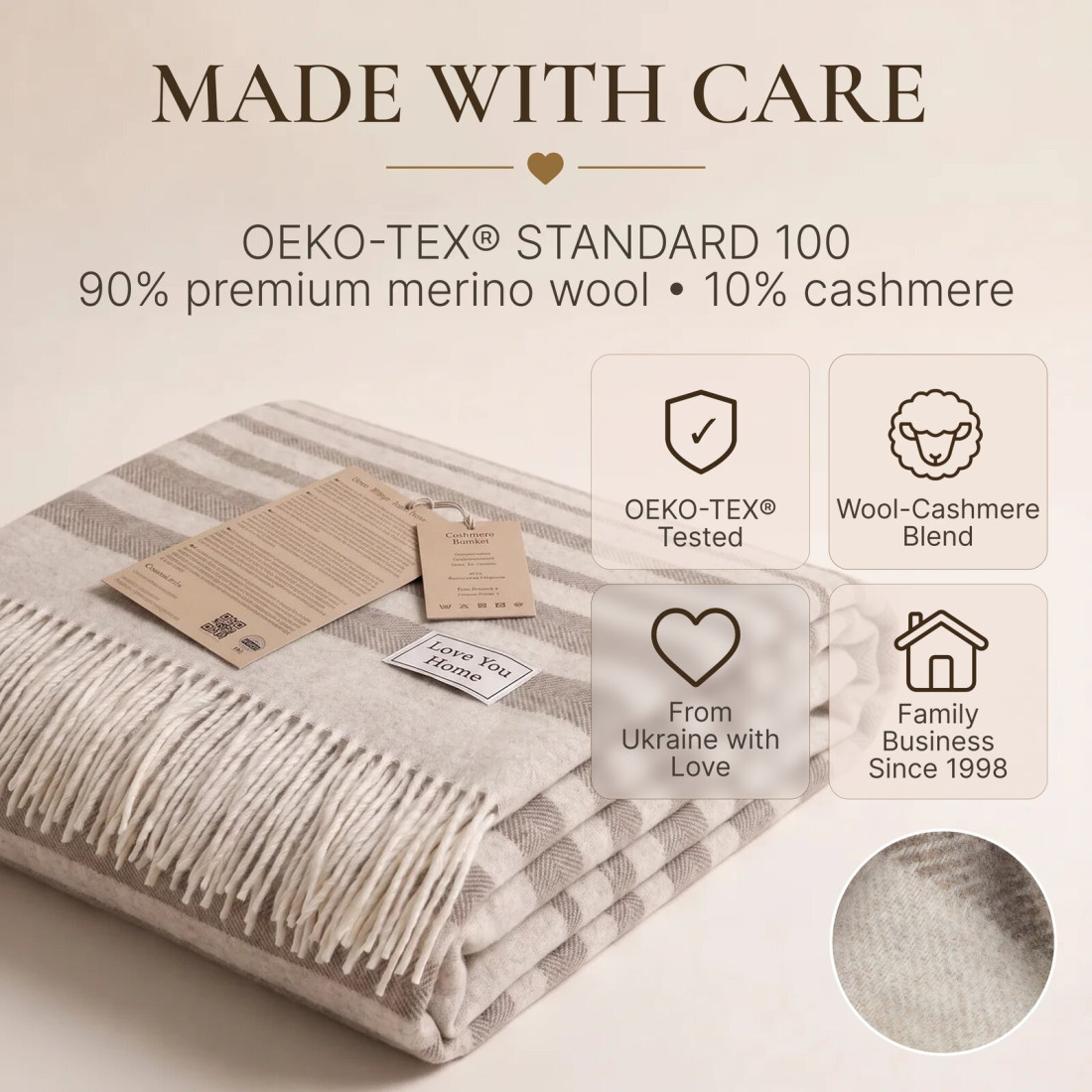 Koc z kaszmirem i merino (10% kaszmiru) w paski · 10