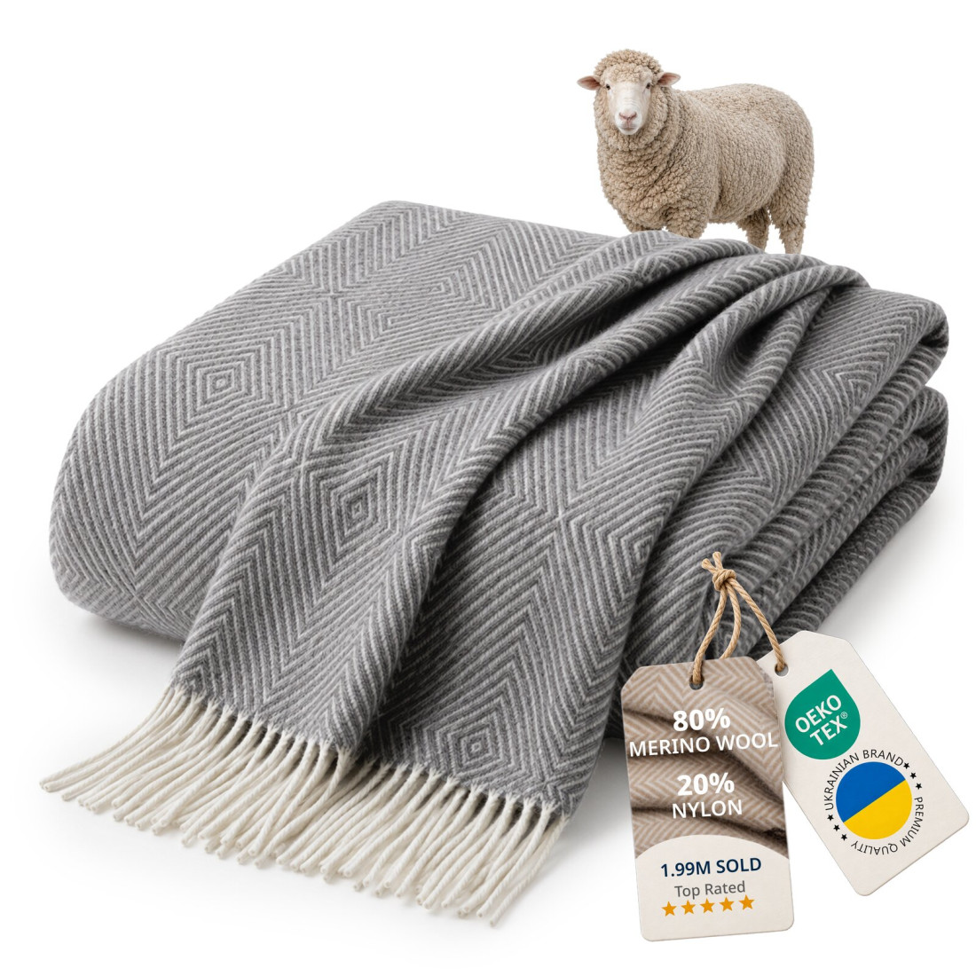 Koc z wełny merino w romby
